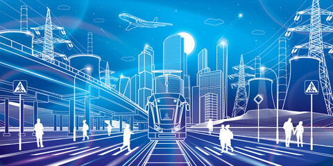 Wide highway. Modern night neon town. City energy system. Tram rides. Car overpass. People walking at street. Infrastructure outlines illustration, urban scene. White lines. Vector design art 