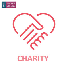 Handshake in heart icon. Charity, friendship, together logo template. Vector illustration. Editable stroke.