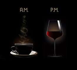 A cup of coffee and a glass of wine are seen labeled as a.m. and pm. in this 3-d illustration.