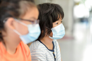 Asian children wearing mask for protection from Covid19 virus. Portrait of students wearing protective facemask.Back to school kids.Social distancing.