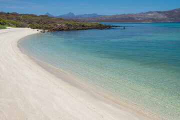 Nature concept, beautiful white sand beach with crystal clear water in Coronado island , by the sea of cortes in LORETO, Baja California Sur Mexico, seasacpes and national parks. 