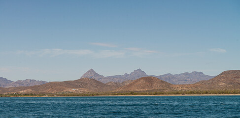 panoramic view of mountains and sea in the magic town of &deg;Loreto in the state of Baja California Sur, Mexico, by the sea of Cortes near The Coronado Island