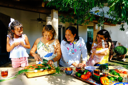 Smiling woman looking at mother chopping vegetables while standing with daughters in backyard during sunny day