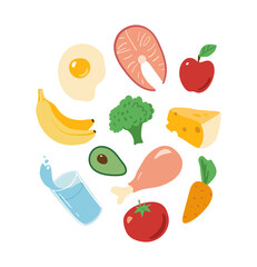 The concept of healthy food, products for a complete healthy diet, fish, cheese, meat, vegetables. Flat vector illustration isolated on white background.