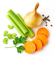 Celery sticks, carrot, black pepper, onion and parsley isolated on white, from above