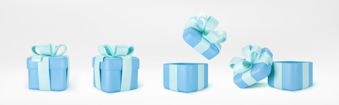3d blue gift boxes open and closed standing on the floor with pastel ribbon bow isolated on a light background. 3d render modern holiday surprise box. Realistic vector icons.