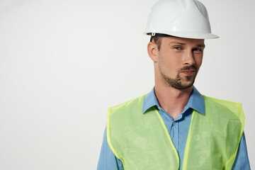 male builder reflective vest emotions professional isolated background