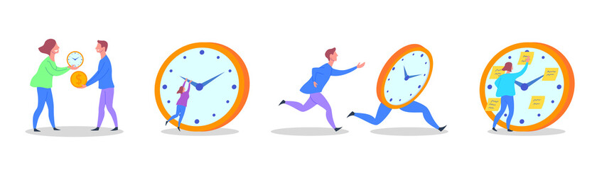 Cartoon Color Characters People and Time Interaction Concept Flat Design Style Include of Strategy Planning Timetable and Deadline. Vector illustration