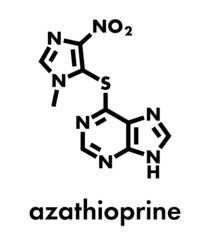 Azathioprine immunosuppressive drug molecule. Used to prevent transplant rejection and in treatment of autoimmune disease. Skeletal formula.