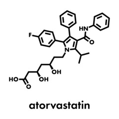 Atorvastatin cholesterol lowering drug (statin class) molecule. Skeletal formula.