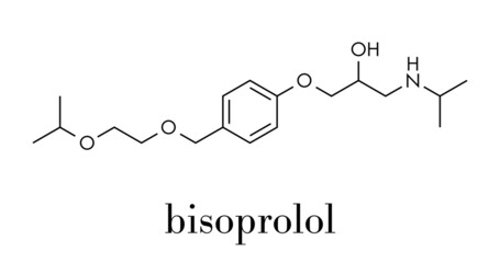 Bisoprolol beta blocker drug molecule. Used to treat high blood pressure (hypertension), cardiac ischemia, etc. Skeletal formula.