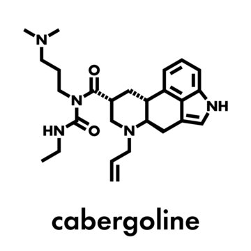 Cabergoline drug molecule. Used in Parkinson's disease and other disease conditions. Skeletal formula.
