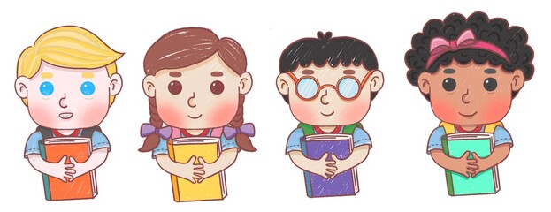 cartoon male student international woman holding a book Hand Drawn colorful