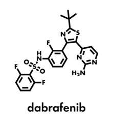 Dabrafenib melanoma cancer drug molecule. Skeletal formula.
