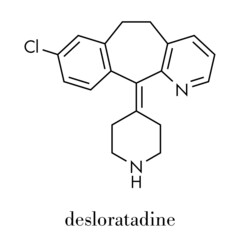 Desloratadine antihistamine drug molecule. Used to treat hay fever, urticaria and allergies. Skeletal formula.