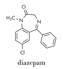 Diazepam sedative and hypnotic drug (benzodiazepine class) molecule. Skeletal formula.