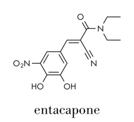 Entacapone Parkinson's disease drug molecule. Skeletal formula.