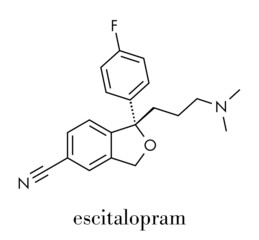 Escitalopram antidepressant drug (SSRI class) molecule. Skeletal formula.