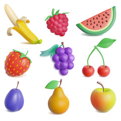 Realistic Detailed 3d Plasticine Fruit and Berry Set Include of Cherry, Strawberry, Apple, Raspberry, Banana and Pear. Vector illustration