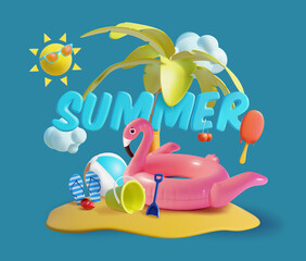 Realistic Detailed 3d Summer Festive Concept Background Include of Sun, Palm Tree, Ball and Slipper. Vector illustration