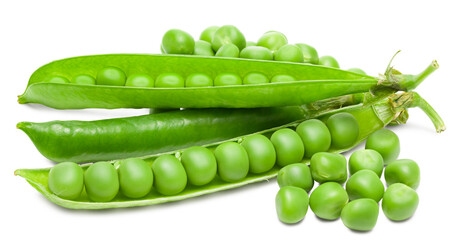 Fresh green pea pods with green peas isolated on white background. clipping path