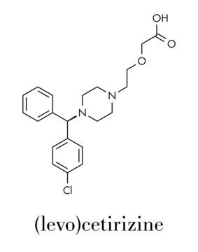 Cetirizine (levocetirizine) antihistamine drug molecule. Used to treat hay fever, urticaria and allergies. Skeletal formula.