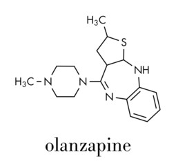 Olanzapine antipsychotic drug molecule. Skeletal formula.