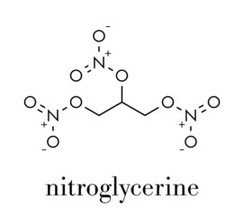 Nitroglycerin (nitro, glyceryl trinitrate) drug and explosive molecule. Skeletal formula.