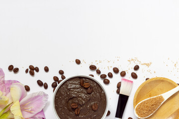 coffee scrub with coffee beans and cane sugar, copy space