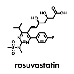 Rosuvastatin cholesterol lowering drug (statin class) molecule. Skeletal formula.