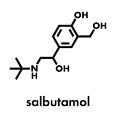 Salbutamol (albuterol) asthma drug molecule. Often administered via inhaler. Skeletal formula.