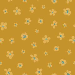 Small flowers in mustard yellow. Fabric seamless pattern botanical print background design. Vector illustration. Surface pattern design. Great for card design, kids, clothing and home decor projects. 