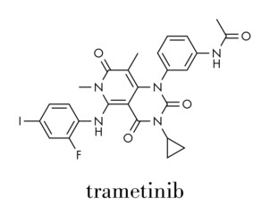 Trametinib melanoma cancer drug molecule. Skeletal formula.