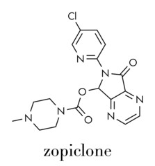 Zopiclone insomnia drug (sleeping pill, z-drug) molecule. Skeletal formula.