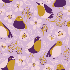Birds and flowers in mustard yellow, pink and purple Fabric seamless pattern botanical print background design. Vector illustration. Surface pattern design. Great for card design, kids, clothing and