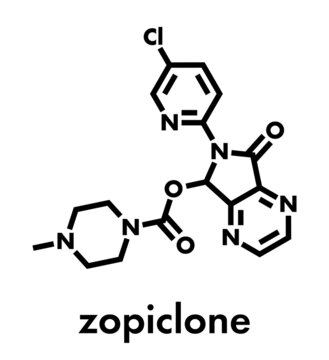 Zopiclone insomnia drug (sleeping pill, z-drug) molecule. Skeletal formula.