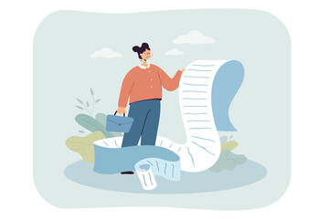 Upset businesswoman holding long checklist or payment document. Flat vector illustration. Cartoon girl in suit scrolling giant paper bill, shopping or work list. Management, task, time concept