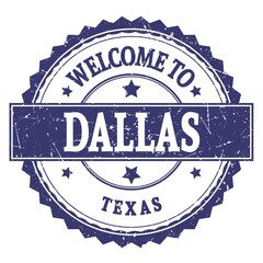 WELCOME TO DALLAS - TEXAS, words written on blue stamp