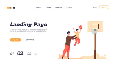 Dad playing basketball with little son. Father helping boy to throw ball into basket flat vector illustration. Family, sport activity, playground concept for banner, website design or landing web page