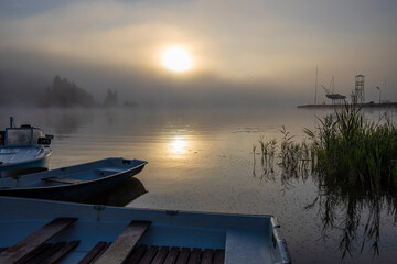 Early morning. Fog on the river. Beautiful sunrise in the summer by the river.River on an early summer morning at dawn.