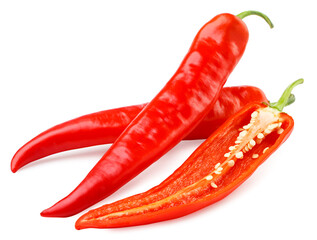 Two red peppers and half on a white background. Isolated