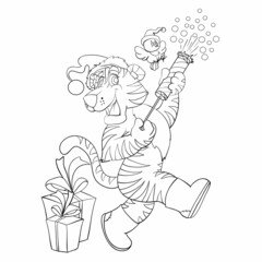 sketch, symbol of the new year tiger in a New Year's hat and with a big clapperboard in its paws, coloring book, cartoon illustration, isolated object on a white background, vector,