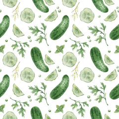 Watercolor seamless background with cucumber on a white background. Menu design, textile design, printing.