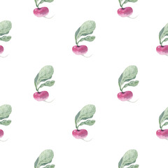 Watercolor seamless background with radish on a white background. Menu design, textile design, printing.
