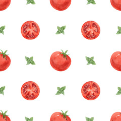 Watercolor seamless background with tomato on a white background.  Menu design, textile design, printing.