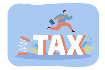 Cartoon businessman pushing off and jumping over taxes. Flat vector illustration. Happy employee getting rid of burden of taxes, which bosses paying for him. Leadership, business, inflation concept