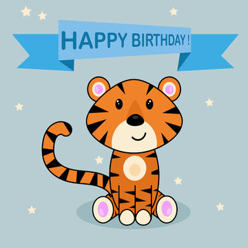 Tiger. Happy birthday on a blue background.