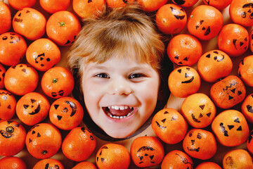 Fototapeta na wymiar Funny portrait of adorable toddler girl with orange tangerine looking as small jack-o-lantern pumpkins. Happy smiling child celebration Halloween festival or party. Making postcards for friends.