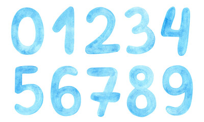 Watercolor blue hand drawn numbers set isolated on white