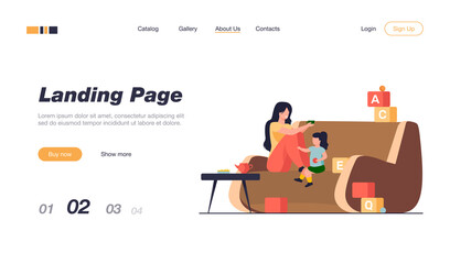 Happy mom and little daughter playing at home. Drinking tea, toy blocks, parent and kid flat vector illustration. Parenthood, motherhood, family concept for banner, website design or landing web page